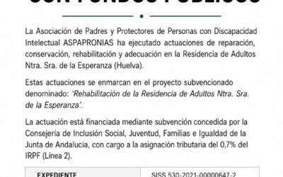 ASPAPRONIAS ejecuta actuaciones de mejora en la Residencia de Adultos Ntra. Sra. de la Esperanza con financiación pública